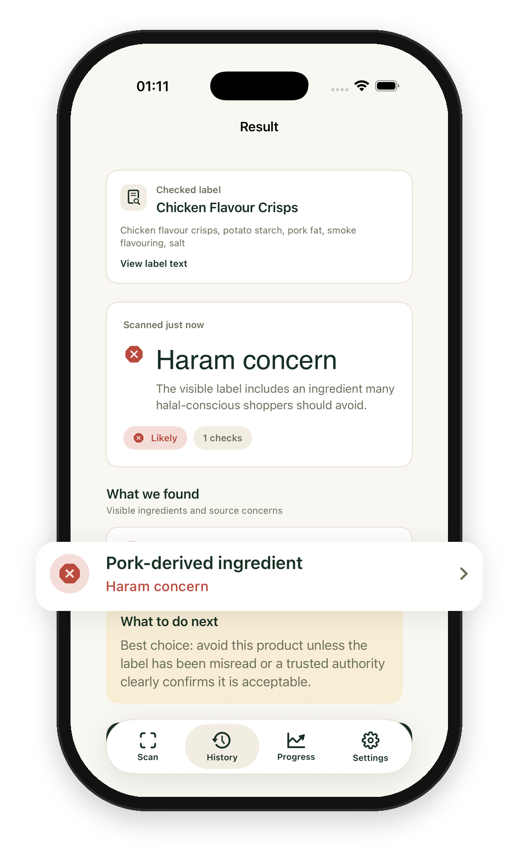 ClearHalal scan result showing a pork-derived ingredient concern inside an iPhone mockup