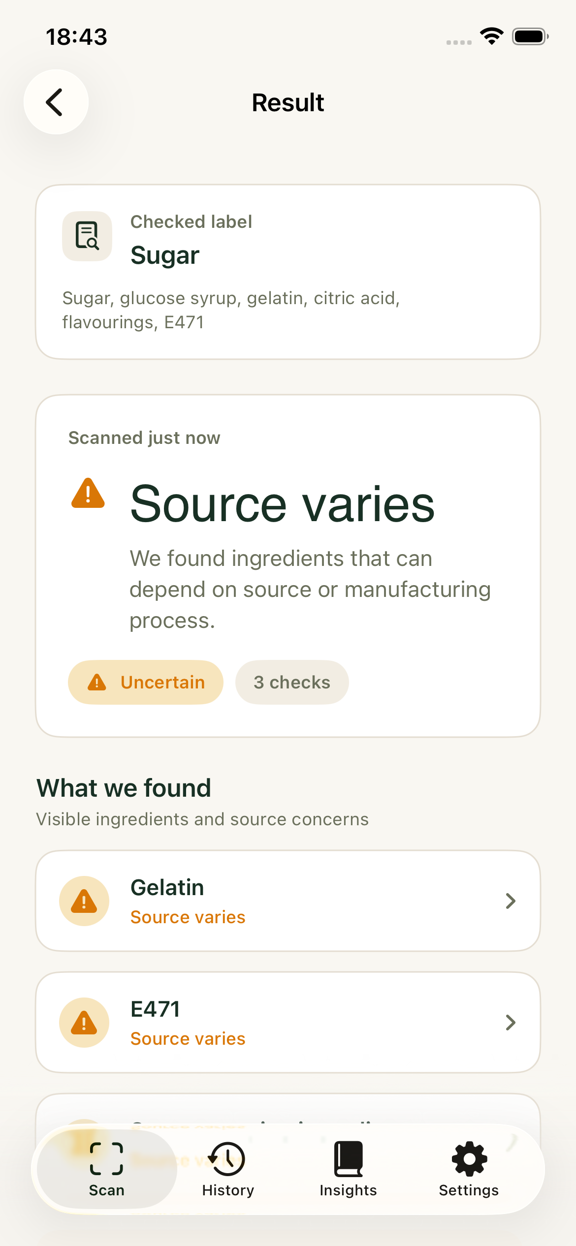 ClearHalal scan result showing a label check and ingredient guidance
